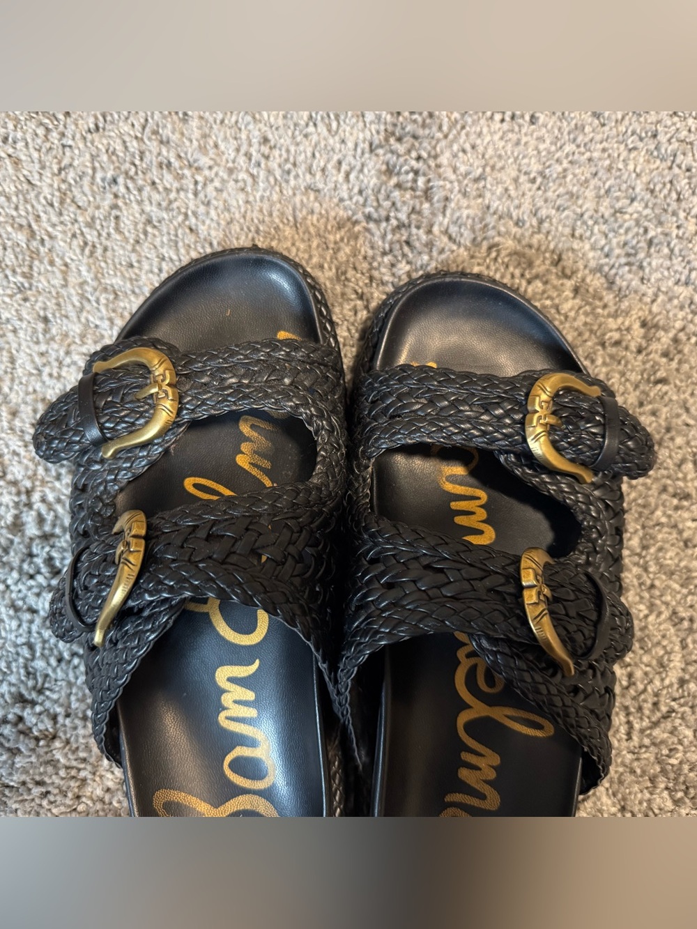 Sam Edelman Black Woven Slide Sandals with Gold Buckles - Picture 4 of 6
